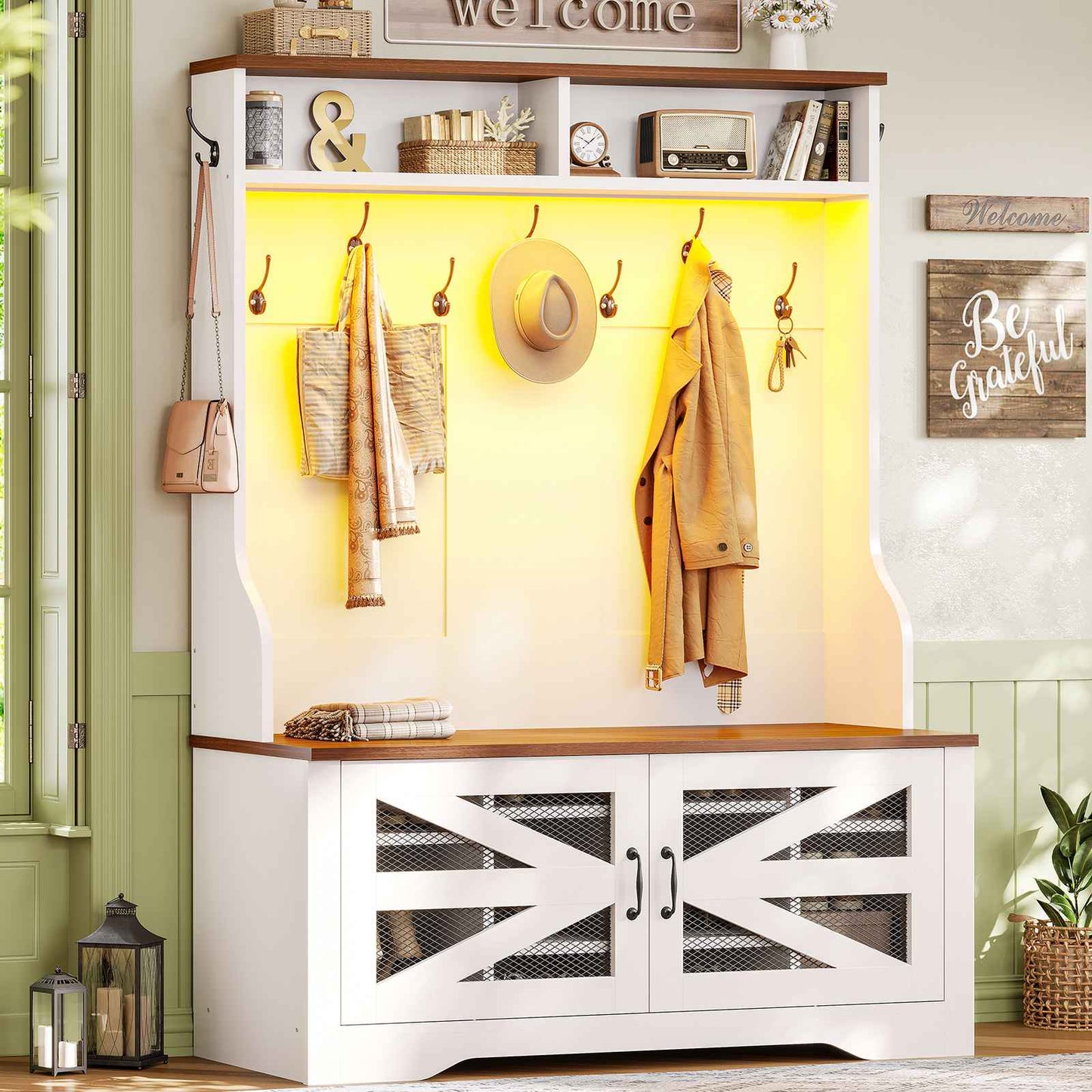 Itaar | Hall Tree with Bench and Shoe Storage 5 in 1 Entryway Bench with Coat Rack 10 Shoe Cubbies 9 Coat Hooks Barn Door Adjustable Shelf