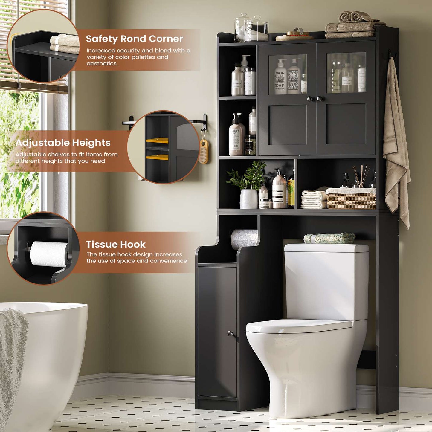 Itaar | Over The Toilet Storage Cabinet Over Toilet Bathroom Organizer with Glass Doors Toilet Paper Holder Stand