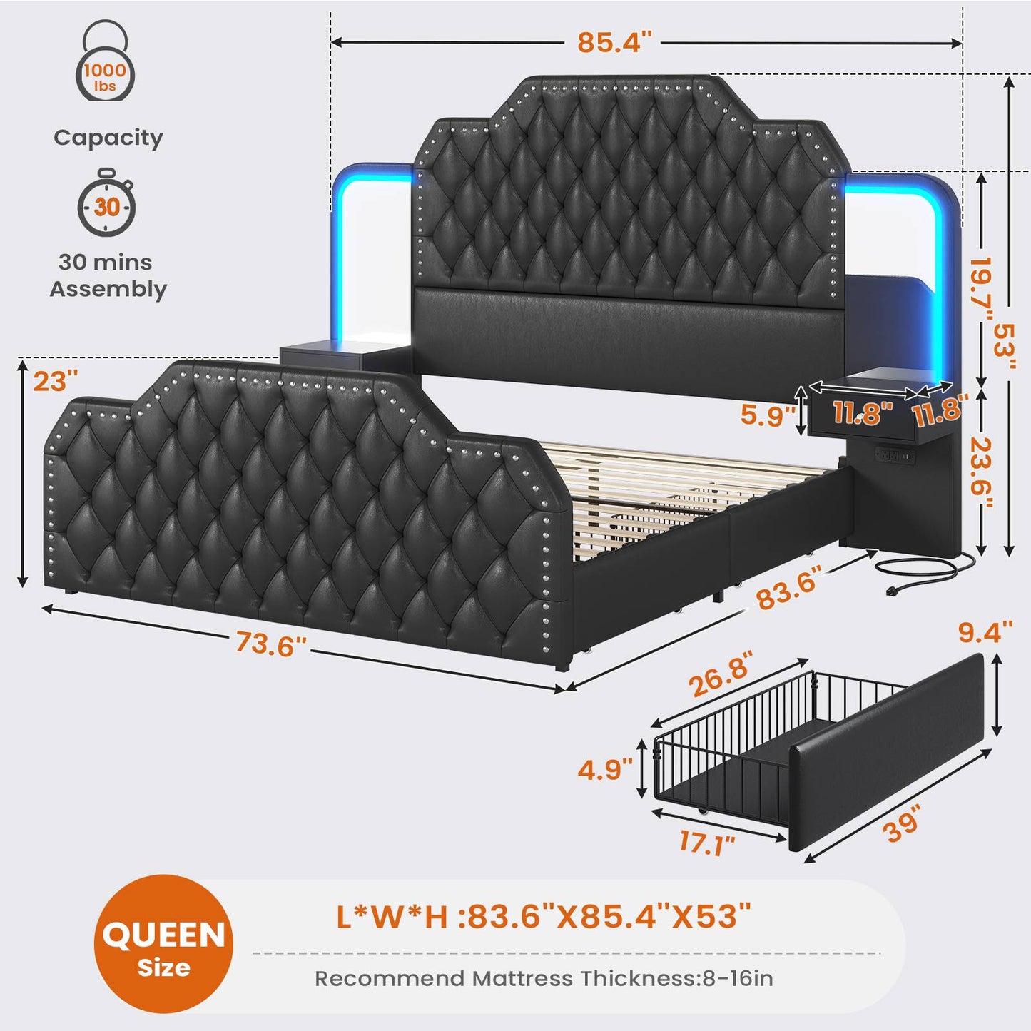 Itaar | Queen Bed Frame with 53 Inch Tall Headboard and 4 Storage Drawers PU Leather Upholstered Platform Bed Frame Built in Charging Station Led