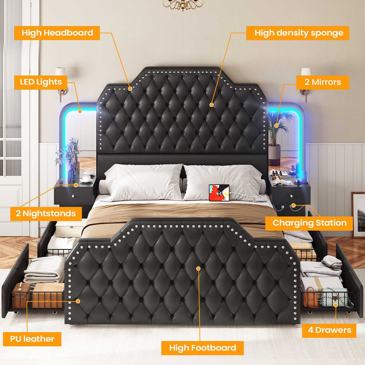 Itaar | Queen Bed Frame with 53 Inch Tall Headboard and 4 Storage Drawers PU Leather Upholstered Platform Bed Frame Built in Charging Station Led