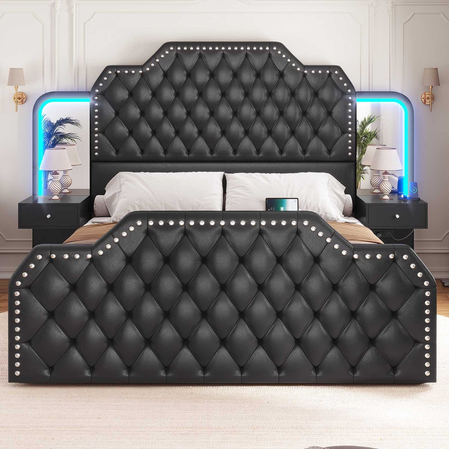 Itaar | Queen Bed Frame with 53 Inch Tall Headboard and 4 Storage Drawers PU Leather Upholstered Platform Bed Frame Built in Charging Station Led
