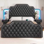 Itaar | Queen Bed Frame with 53 Inch Tall Headboard and 4 Storage Drawers PU Leather Upholstered Platform Bed Frame Built in Charging Station Led