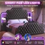 Itaar | Queen Bed Frame with 53 Inch Tall Headboard and 4 Storage Drawers PU Leather Upholstered Platform Bed Frame Built in Charging Station Led