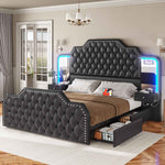 Itaar | Queen Bed Frame with 53 Inch Tall Headboard and 4 Storage Drawers PU Leather Upholstered Platform Bed Frame Built in Charging Station Led