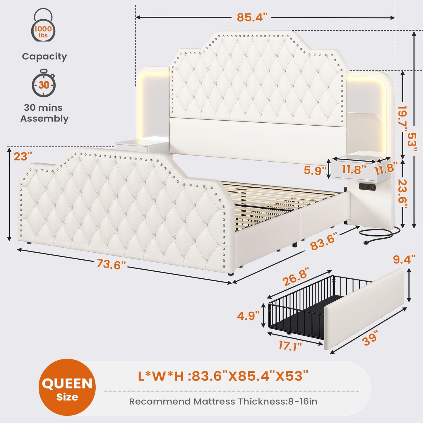 Itaar | Queen Bed Frame with 53 Inch Tall Headboard and 4 Storage Drawers PU Leather Upholstered Platform Bed Frame Built in Charging Station Led