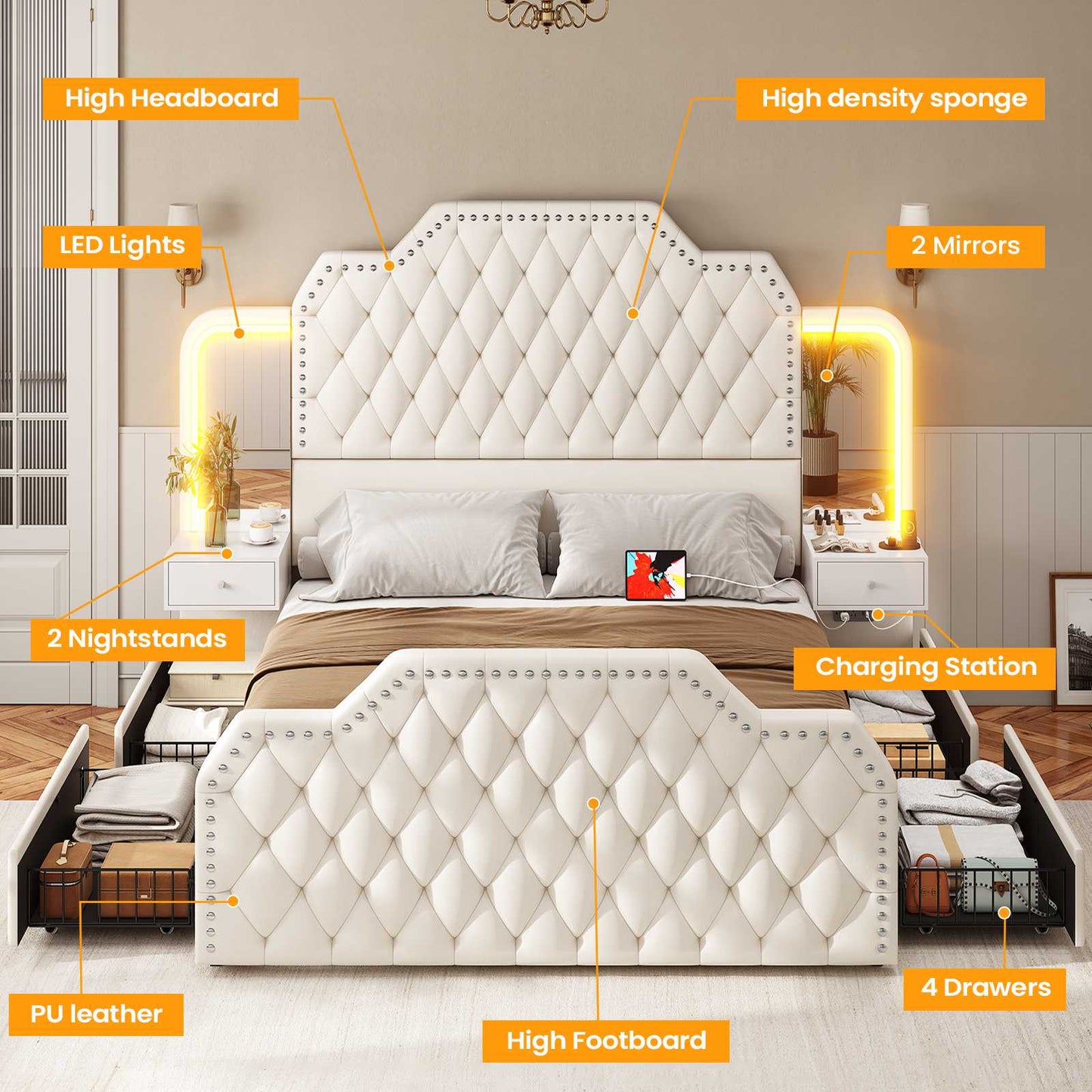 Itaar | Queen Bed Frame with 53 Inch Tall Headboard and 4 Storage Drawers PU Leather Upholstered Platform Bed Frame Built in Charging Station Led