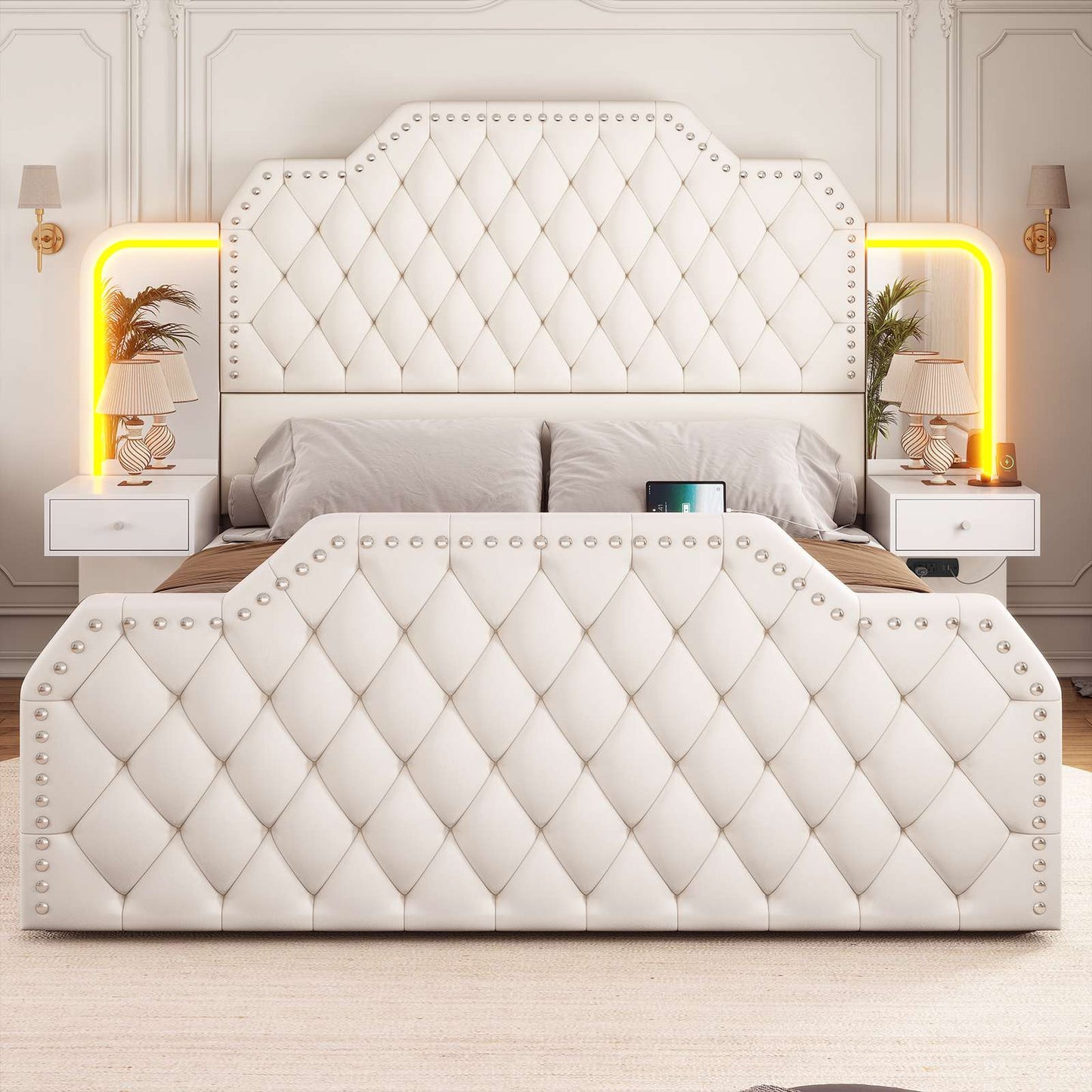 Itaar | Queen Bed Frame with 53 Inch Tall Headboard and 4 Storage Drawers PU Leather Upholstered Platform Bed Frame Built in Charging Station Led