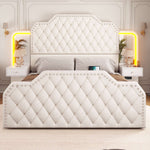 Itaar | Queen Bed Frame with 53 Inch Tall Headboard and 4 Storage Drawers PU Leather Upholstered Platform Bed Frame Built in Charging Station Led