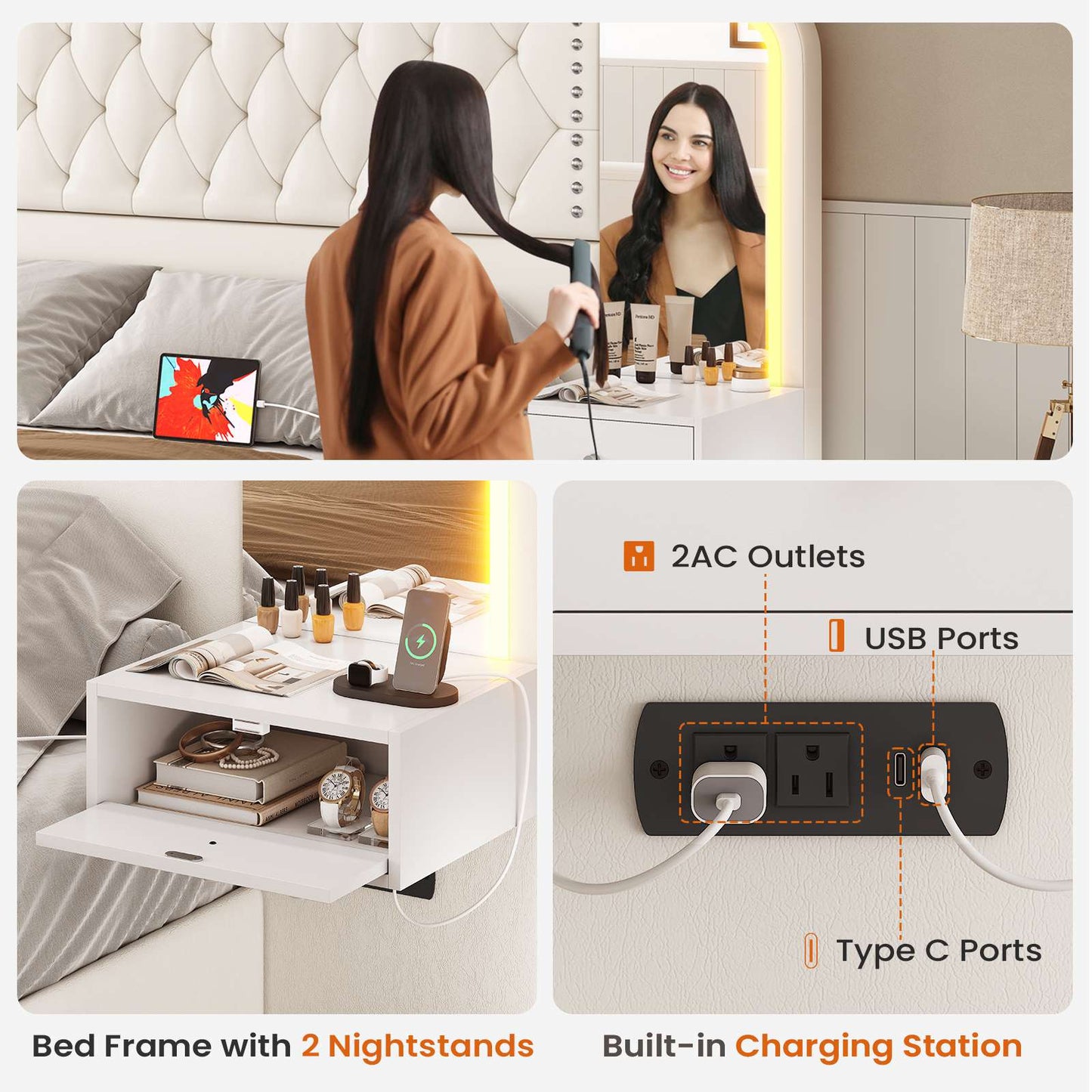 Itaar | Queen Bed Frame with 53 Inch Tall Headboard and 4 Storage Drawers PU Leather Upholstered Platform Bed Frame Built in Charging Station Led
