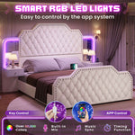 Itaar | Queen Bed Frame with 53 Inch Tall Headboard and 4 Storage Drawers PU Leather Upholstered Platform Bed Frame Built in Charging Station Led