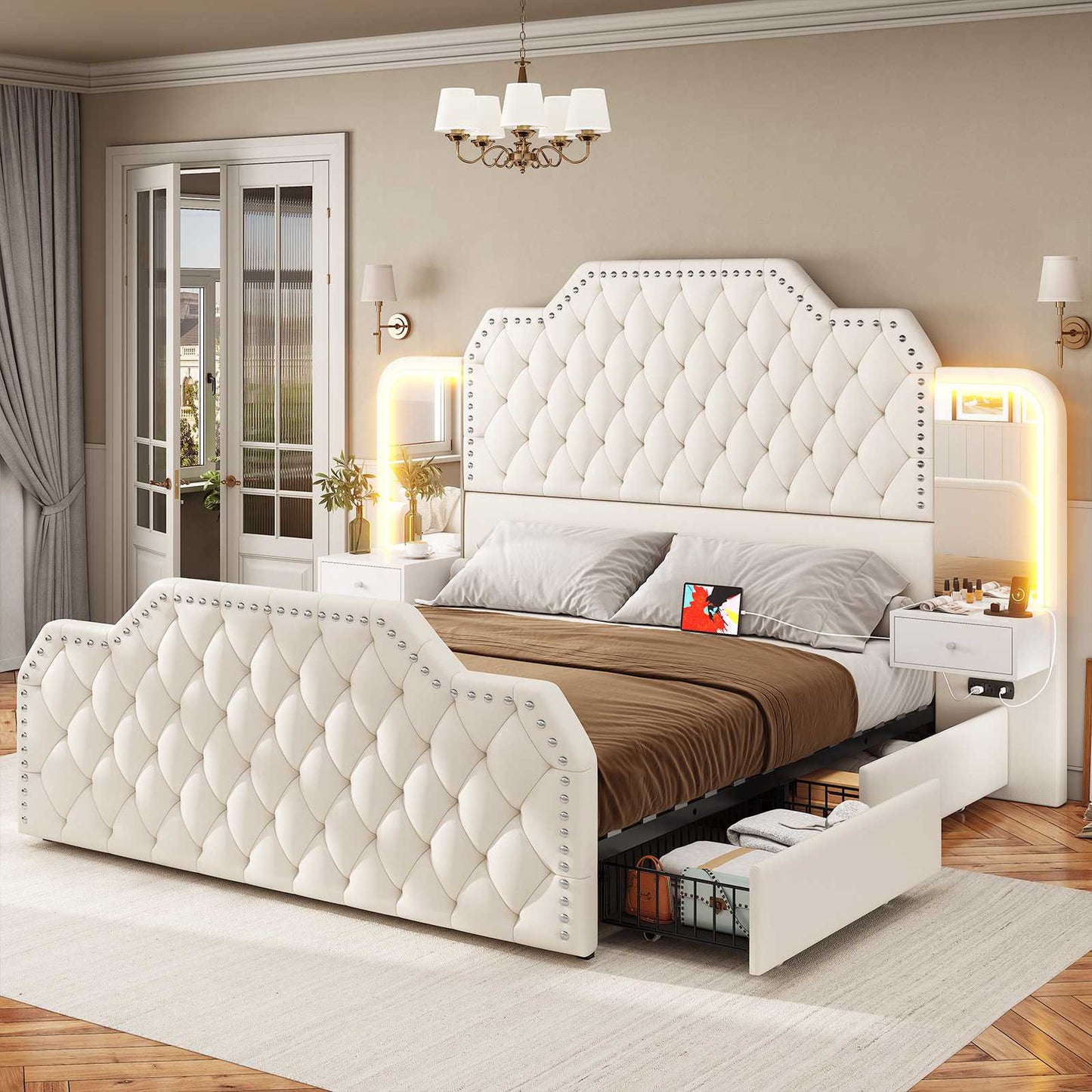 Itaar | Queen Bed Frame with 53 Inch Tall Headboard and 4 Storage Drawers PU Leather Upholstered Platform Bed Frame Built in Charging Station Led