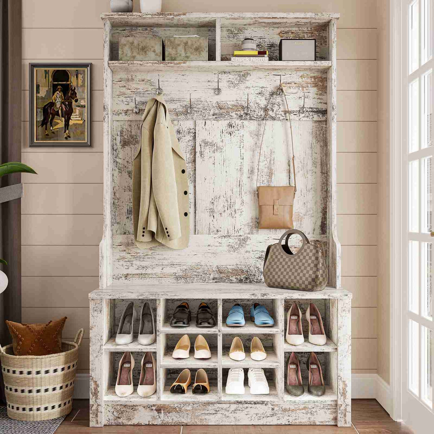 Itaar | Hall Tree with Bench and Shoe Storage 3 in 1 Entryway Bench with Coat Rack Hall Tree with Adjustable Shoe Storage and Hanging Hooks