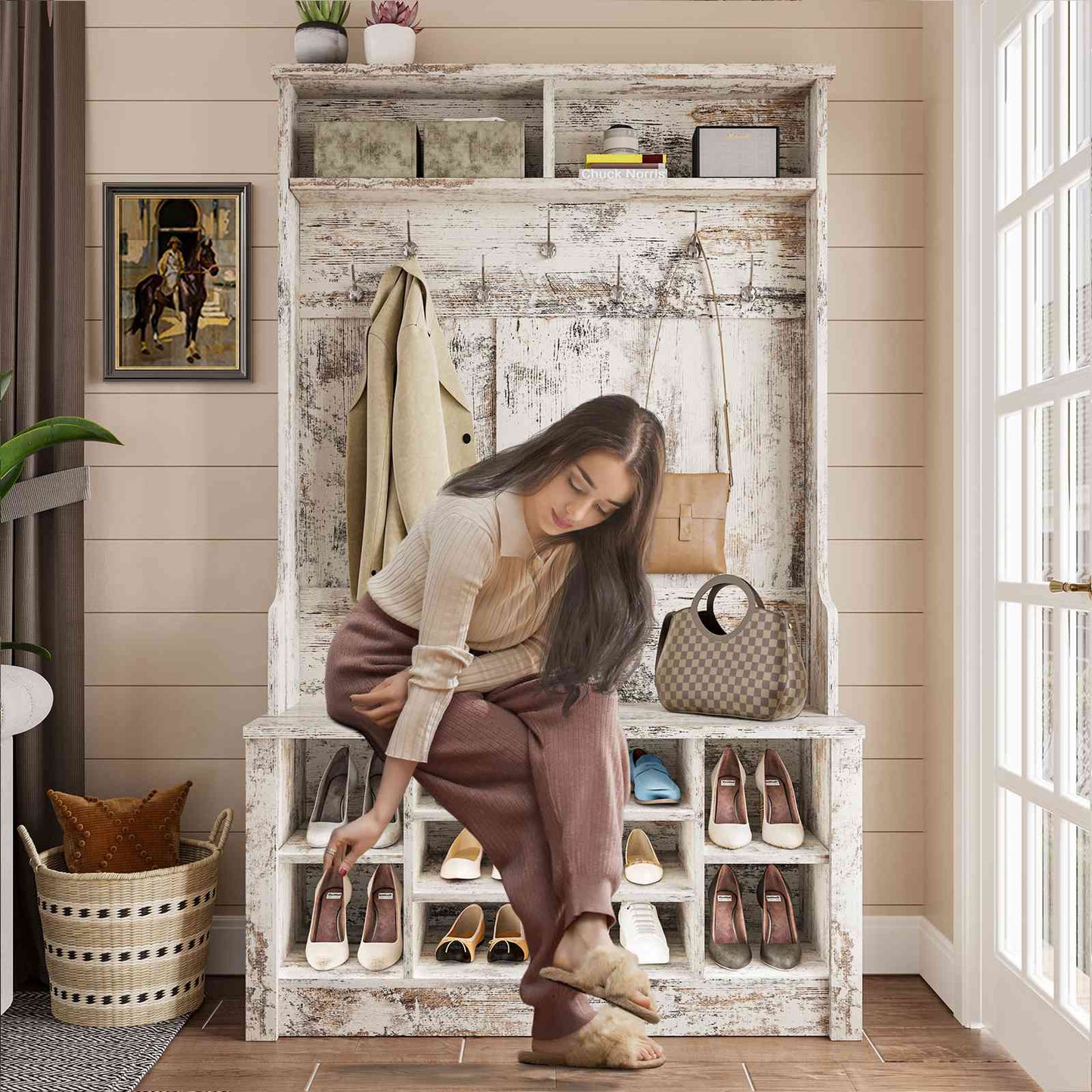 Itaar | Hall Tree with Bench and Shoe Storage 3 in 1 Entryway Bench with Coat Rack Hall Tree with Adjustable Shoe Storage and Hanging Hooks