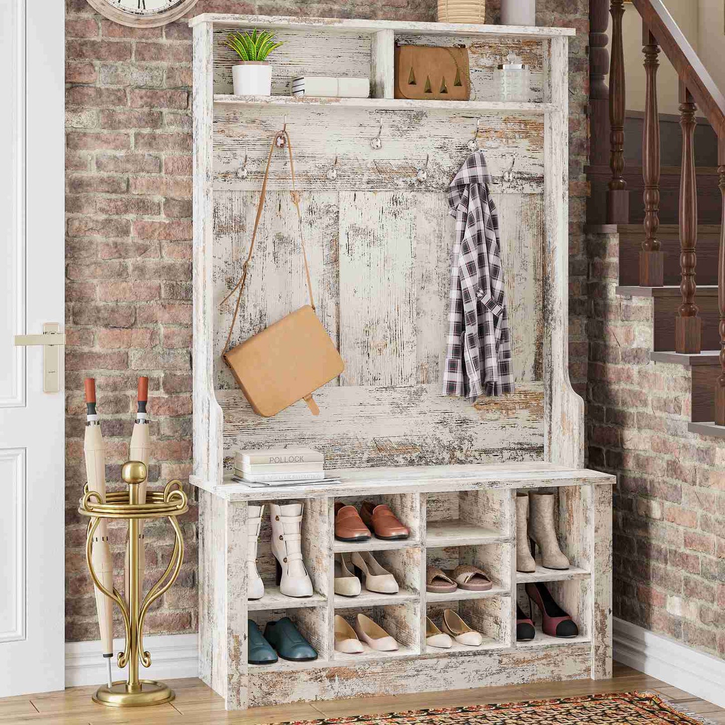 Itaar | Hall Tree with Bench and Shoe Storage 3 in 1 Entryway Bench with Coat Rack Hall Tree with Adjustable Shoe Storage and Hanging Hooks