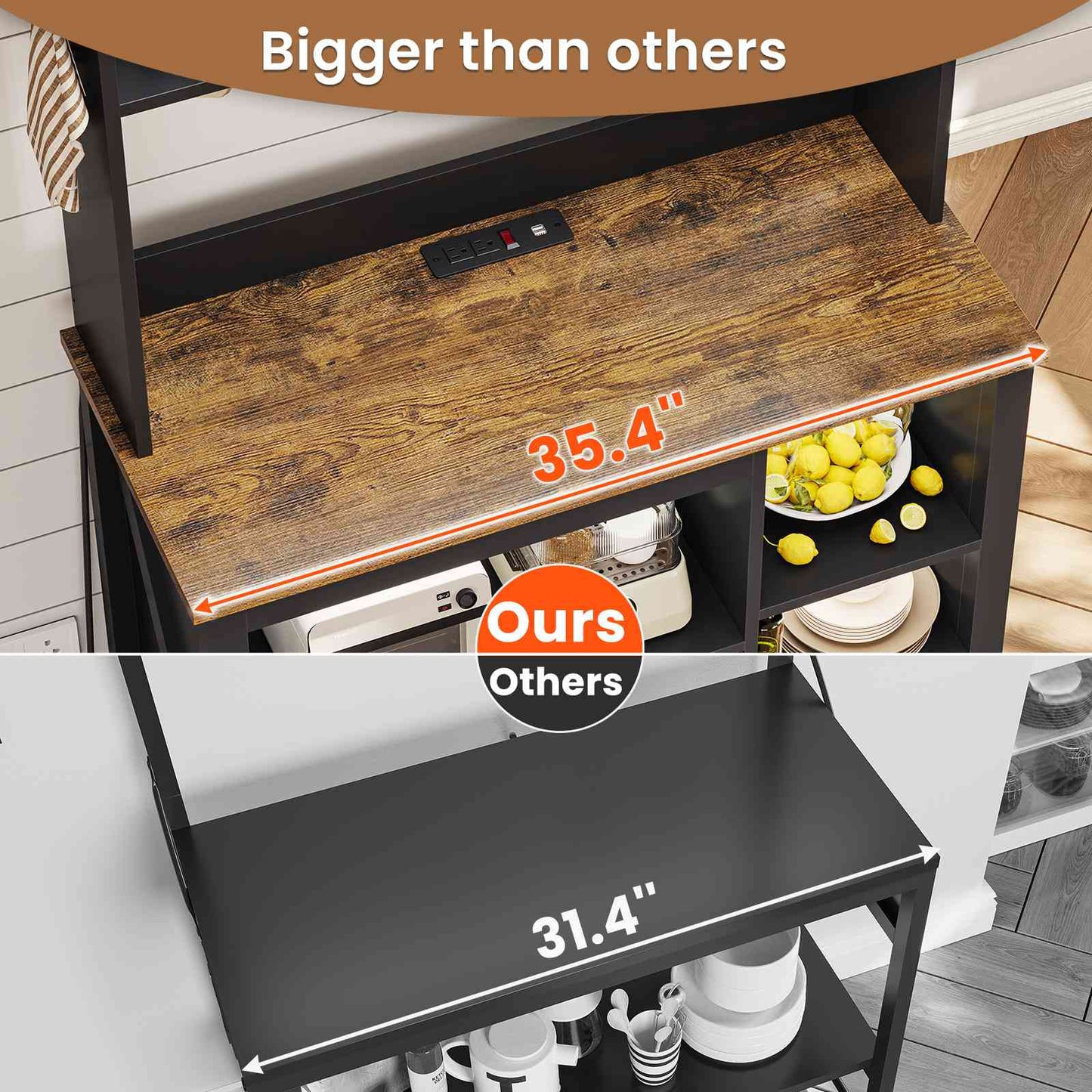 Itaar | 35.4 inch Bakers Rack with Power Outlet and Storage Farmhouse Coffee Bar Cabinet Microwave Stand Kitchen Cabinet with Hutch LED Lights