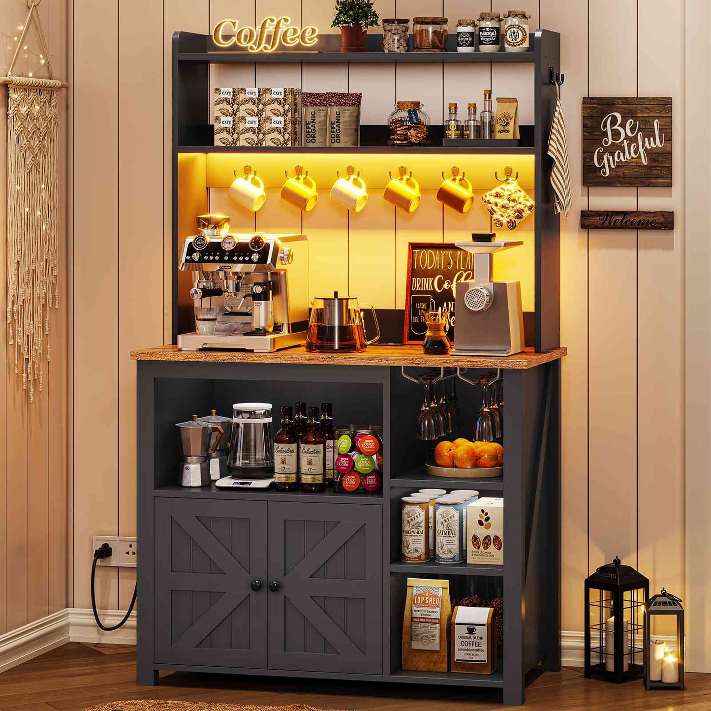 Itaar | 35.4 inch Bakers Rack with Power Outlet and Storage Farmhouse Coffee Bar Cabinet Microwave Stand Kitchen Cabinet with Hutch LED Lights