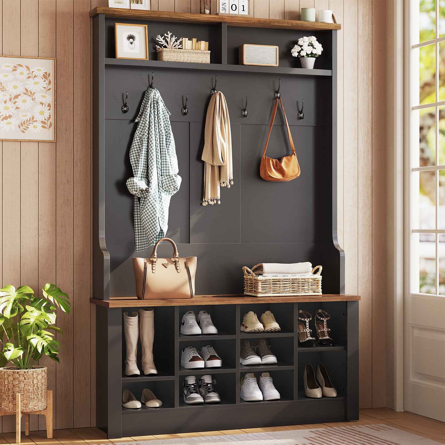 Itaar | Hall Tree with Bench and Shoe Storage 3 in 1 Entryway Bench with Coat Rack Hall Tree with Adjustable Shoe Storage and Hanging Hooks