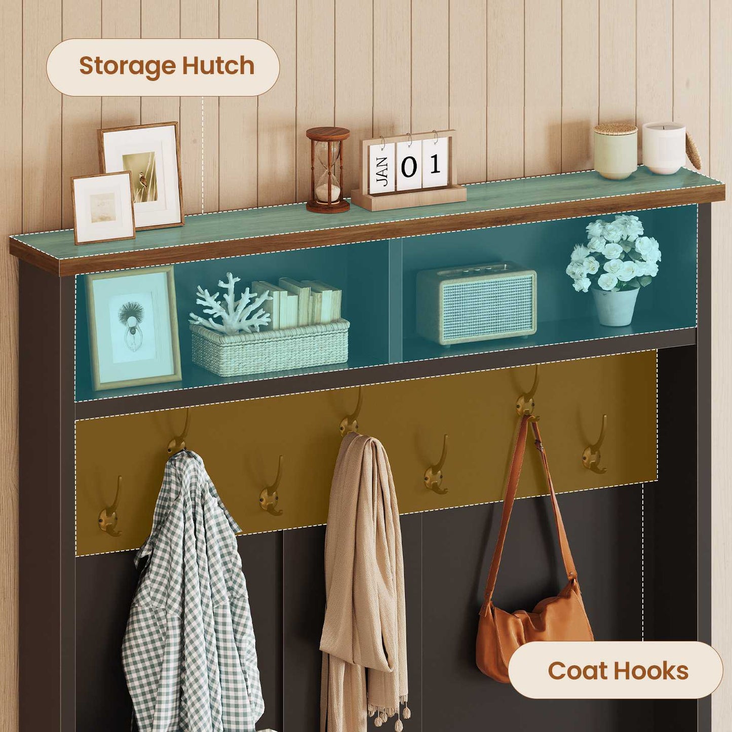 Itaar | Hall Tree with Bench and Shoe Storage 3 in 1 Entryway Bench with Coat Rack Hall Tree with Adjustable Shoe Storage and Hanging Hooks