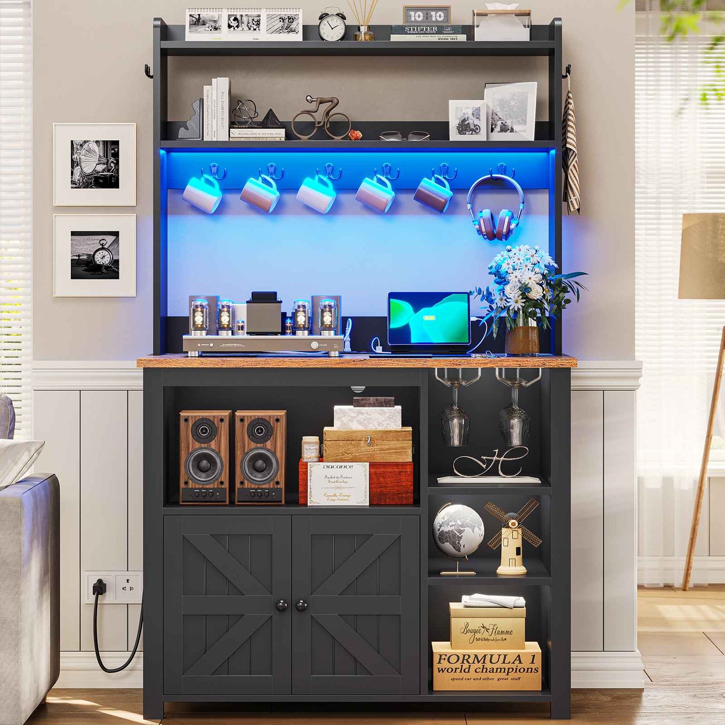Itaar | 35.4 inch Bakers Rack with Power Outlet and Storage Farmhouse Coffee Bar Cabinet Microwave Stand Kitchen Cabinet with Hutch LED Lights