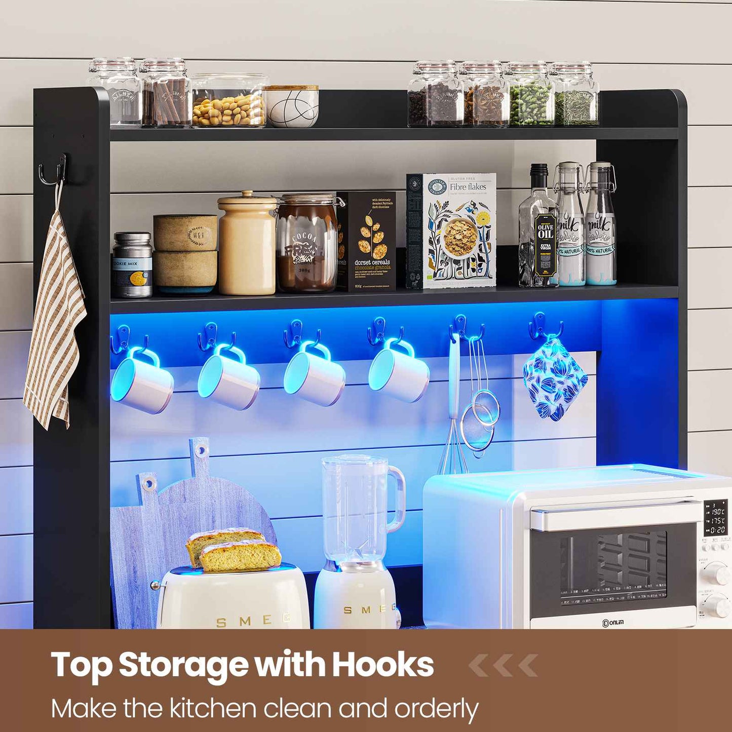 Itaar | 35.4 inch Bakers Rack with Power Outlet and Storage Farmhouse Coffee Bar Cabinet Microwave Stand Kitchen Cabinet with Hutch LED Lights