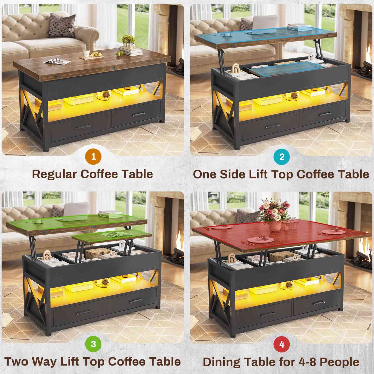 Itaar | 40 Inch Lift Top Coffee Table 4 in 1 Coffee Tables with Storage for Living Room Small Farmhouse Coffee Table with 2 Drawers LED Light