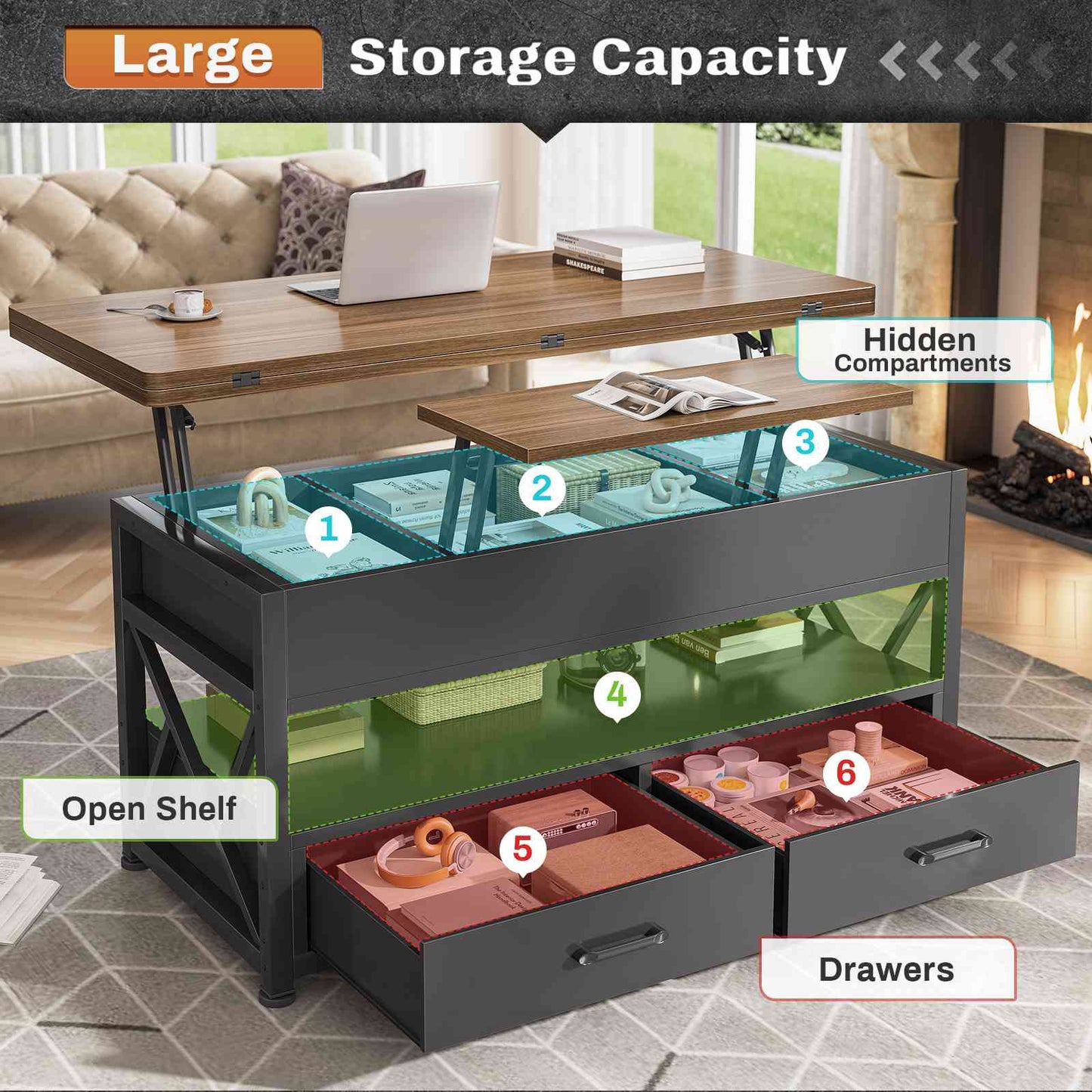 Itaar | 40 Inch Lift Top Coffee Table 4 in 1 Coffee Tables with Storage for Living Room Small Farmhouse Coffee Table with 2 Drawers LED Light