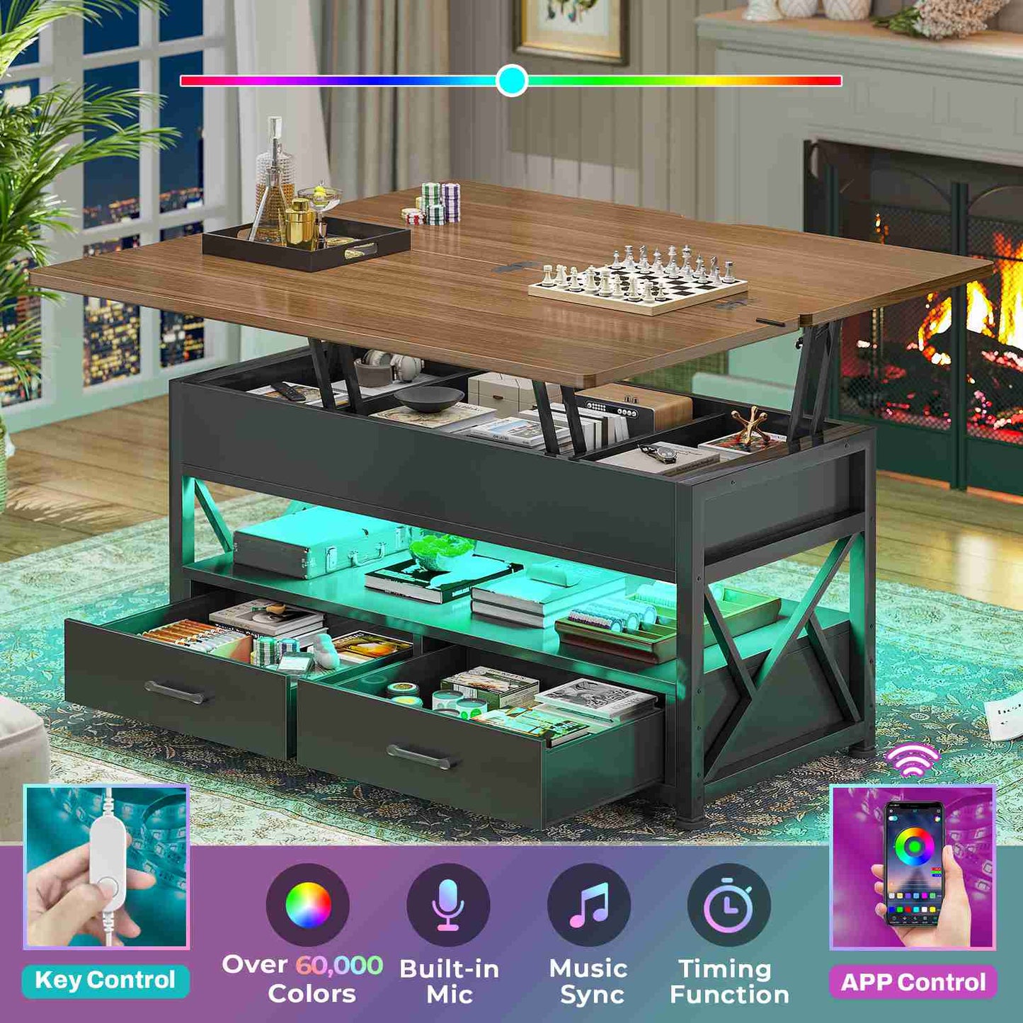 Itaar | 40 Inch Lift Top Coffee Table 4 in 1 Coffee Tables with Storage for Living Room Small Farmhouse Coffee Table with 2 Drawers LED Light
