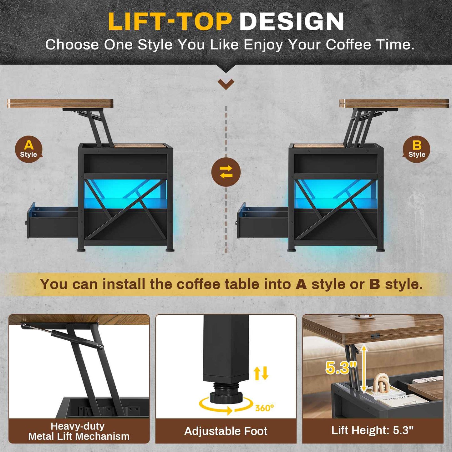 Itaar | 40 Inch Lift Top Coffee Table 4 in 1 Coffee Tables with Storage for Living Room Small Farmhouse Coffee Table with 2 Drawers LED Light