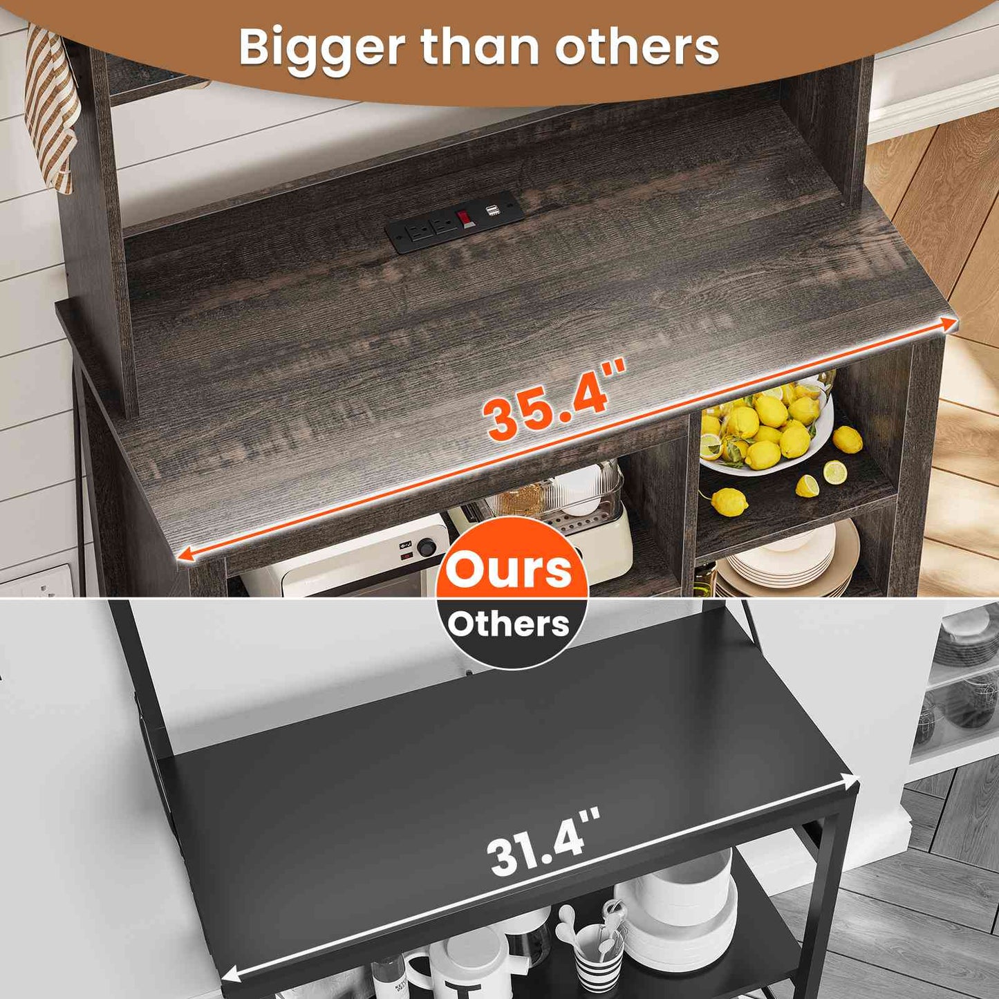 Itaar | 35.4 inch Bakers Rack with Power Outlet and Storage Farmhouse Coffee Bar Cabinet Microwave Stand Kitchen Cabinet with Hutch LED Lights