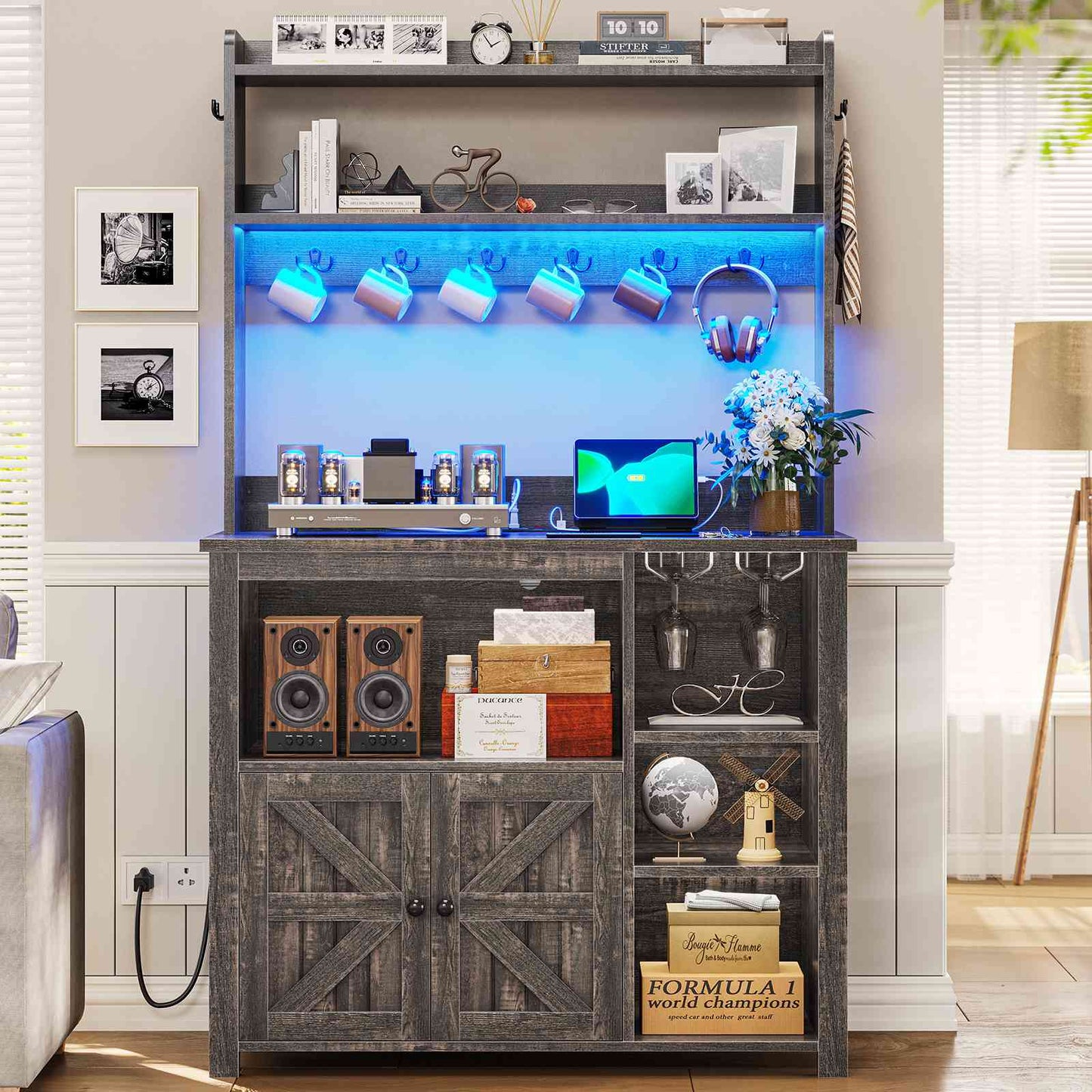 Itaar | 35.4 inch Bakers Rack with Power Outlet and Storage Farmhouse Coffee Bar Cabinet Microwave Stand Kitchen Cabinet with Hutch LED Lights