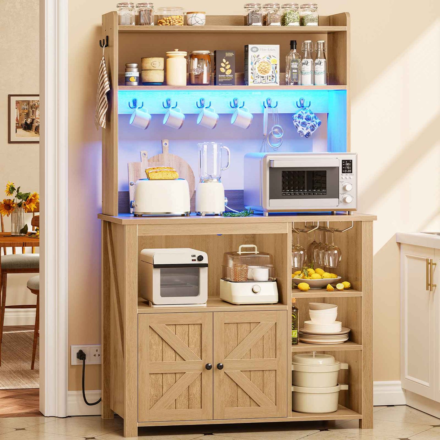 Itaar | 35.4 inch Bakers Rack with Power Outlet and Storage Farmhouse Coffee Bar Cabinet Microwave Stand Kitchen Cabinet with Hutch LED Lights