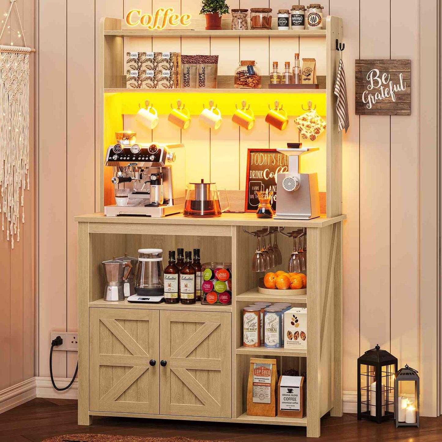 Itaar | 35.4 inch Bakers Rack with Power Outlet and Storage Farmhouse Coffee Bar Cabinet Microwave Stand Kitchen Cabinet with Hutch LED Lights