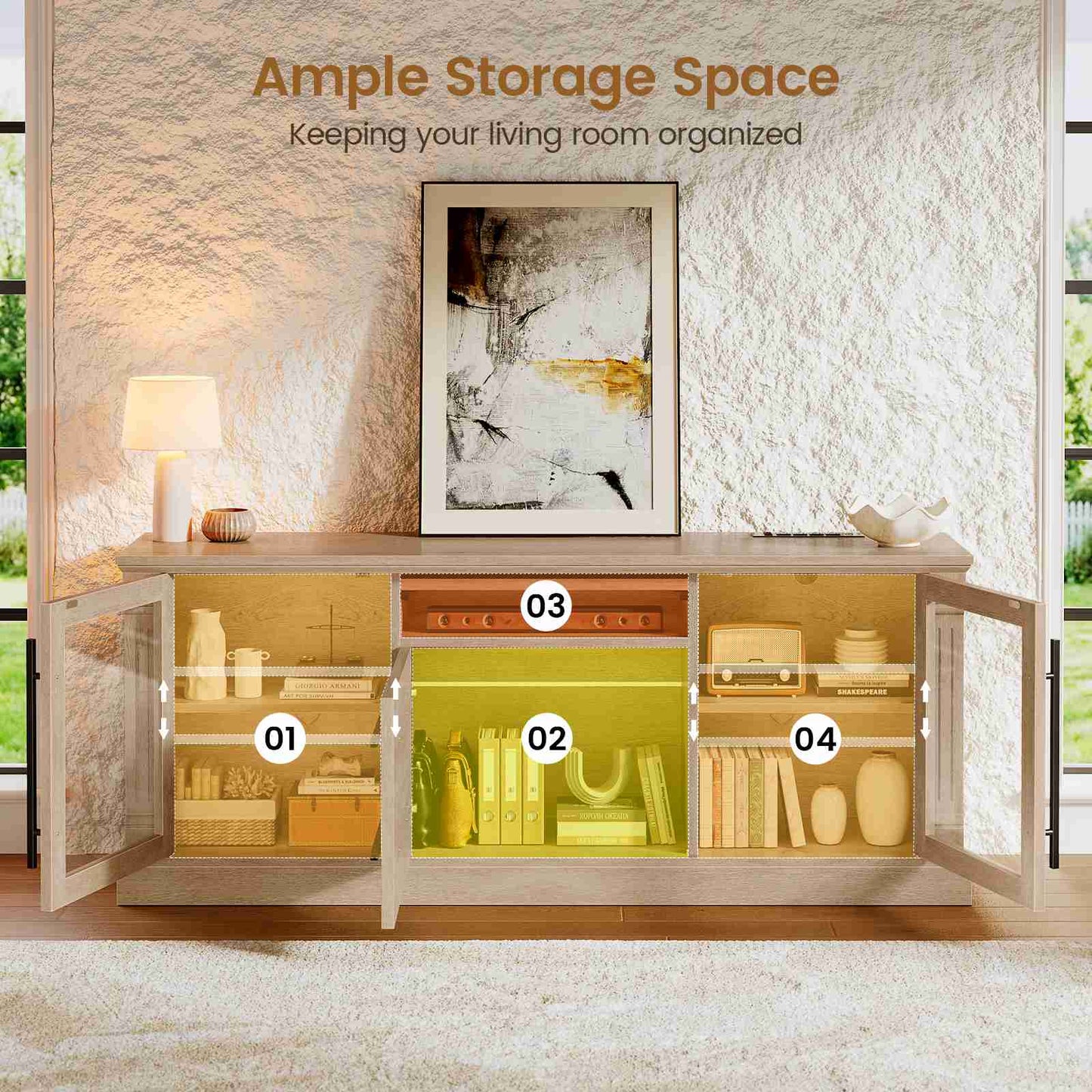 Itaar | Farmhouse TV Stands for 65 Inch TV 3 Storage Cabinets 1 Drawer Living Room Bedroom Wood Media Console