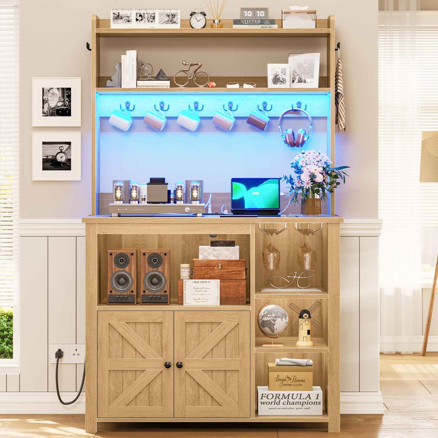 Itaar | 35.4 inch Bakers Rack with Power Outlet and Storage Farmhouse Coffee Bar Cabinet Microwave Stand Kitchen Cabinet with Hutch LED Lights