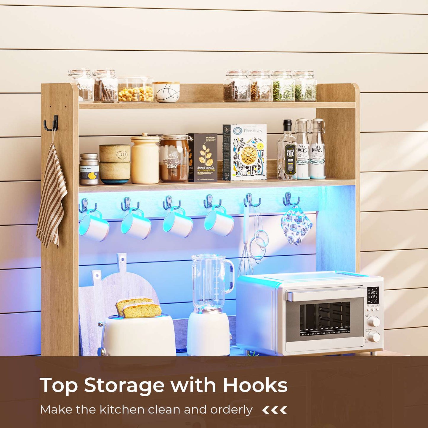 Itaar | 35.4 inch Bakers Rack with Power Outlet and Storage Farmhouse Coffee Bar Cabinet Microwave Stand Kitchen Cabinet with Hutch LED Lights