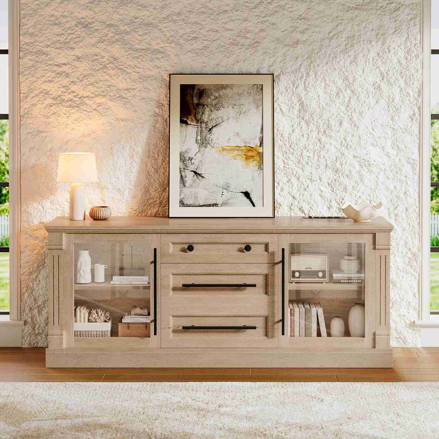 Itaar | Farmhouse TV Stands for 65 Inch TV 3 Storage Cabinets 1 Drawer Living Room Bedroom Wood Media Console