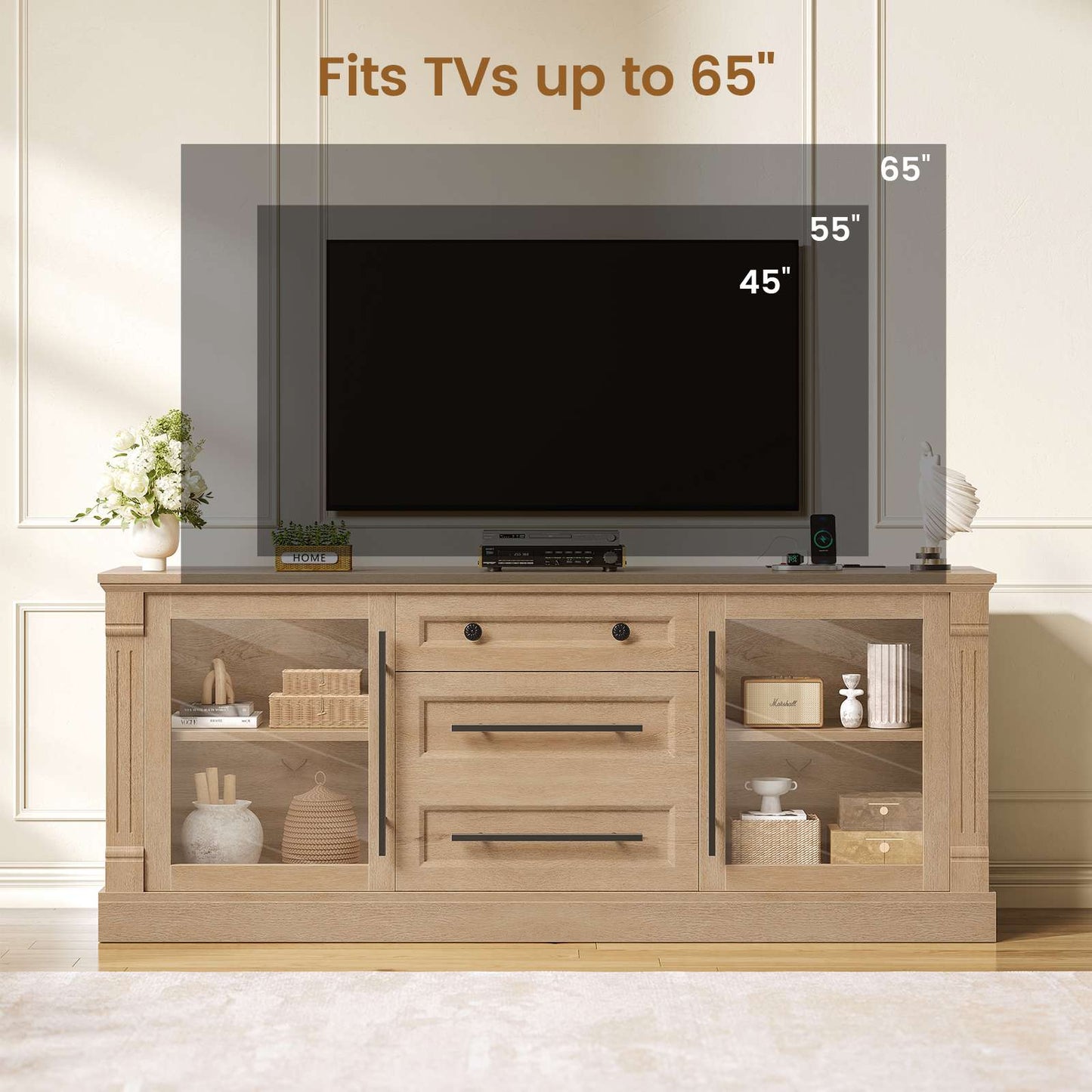 Itaar | Farmhouse TV Stands for 65 Inch TV 3 Storage Cabinets 1 Drawer Living Room Bedroom Wood Media Console