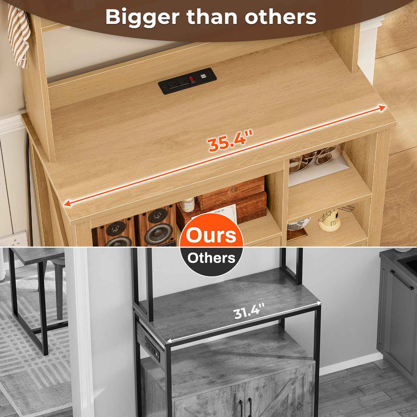 Itaar | 35.4 inch Bakers Rack with Power Outlet and Storage Farmhouse Coffee Bar Cabinet Microwave Stand Kitchen Cabinet with Hutch LED Lights