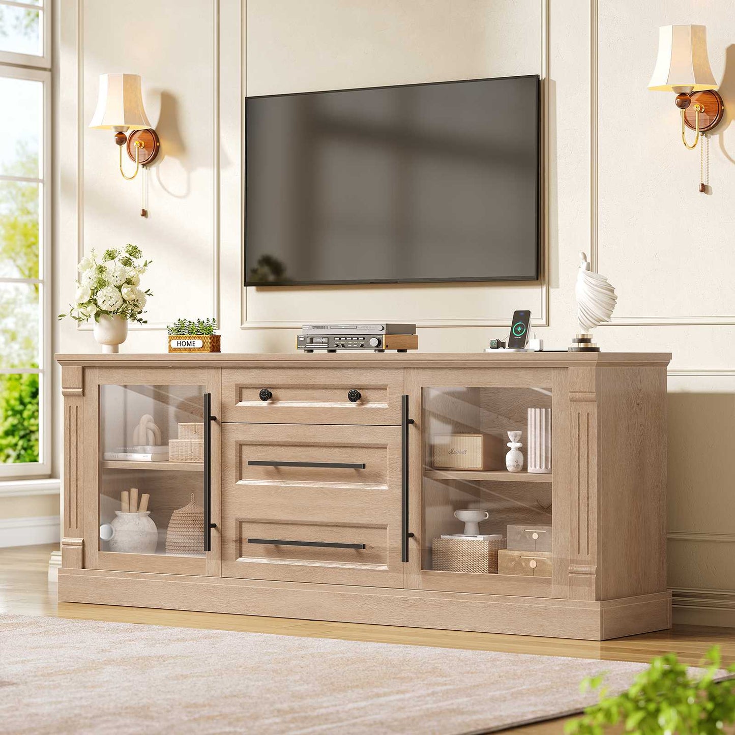 Itaar | Farmhouse TV Stands for 65 Inch TV 3 Storage Cabinets 1 Drawer Living Room Bedroom Wood Media Console