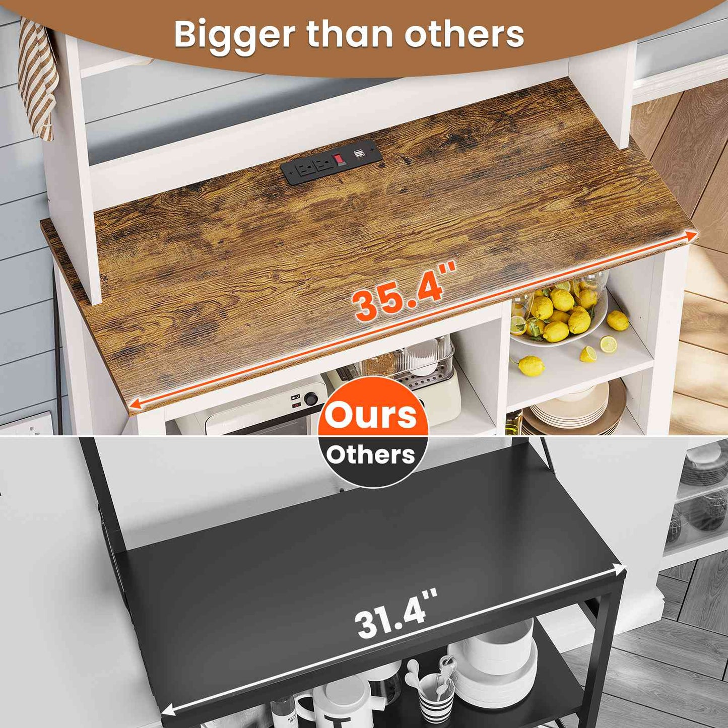 Itaar | 35.4 inch Bakers Rack with Power Outlet and Storage Farmhouse Coffee Bar Cabinet Microwave Stand Kitchen Cabinet with Hutch LED Lights