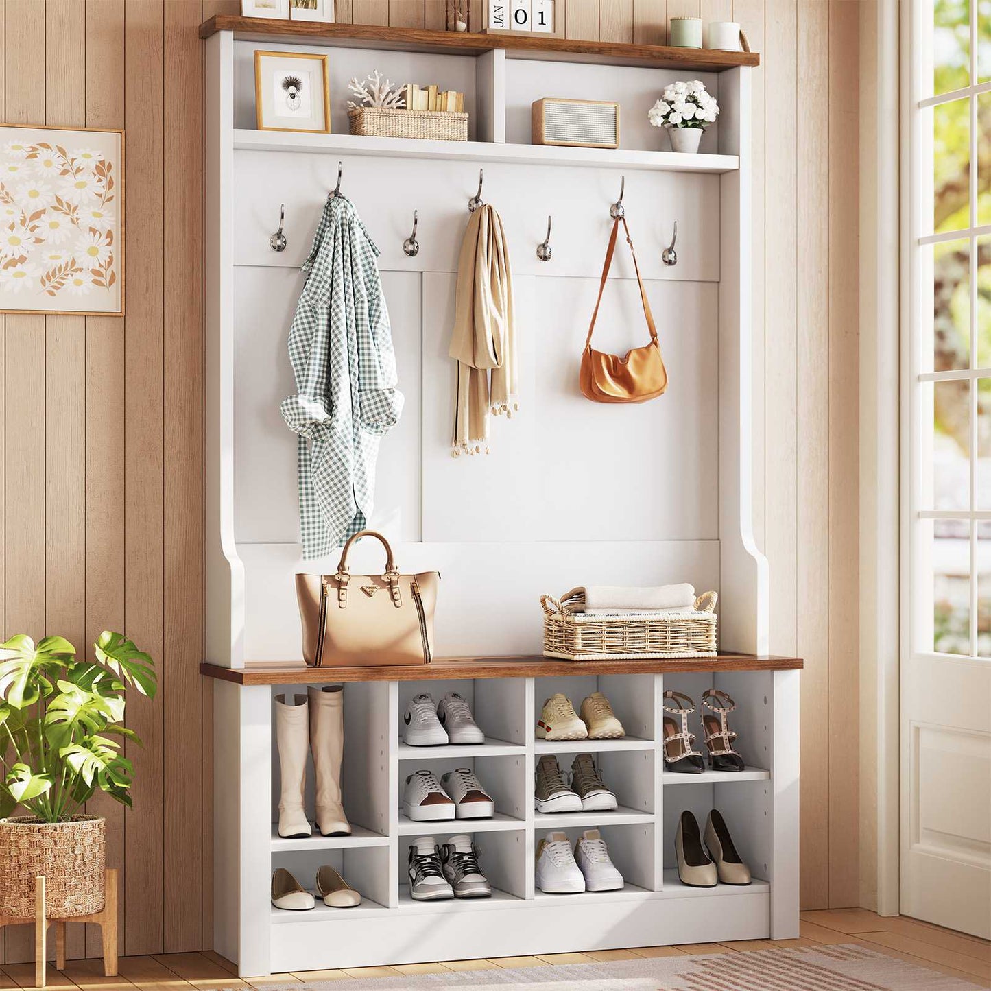 Itaar | Hall Tree with Bench and Shoe Storage 3 in 1 Entryway Bench with Coat Rack Hall Tree with Adjustable Shoe Storage and Hanging Hooks