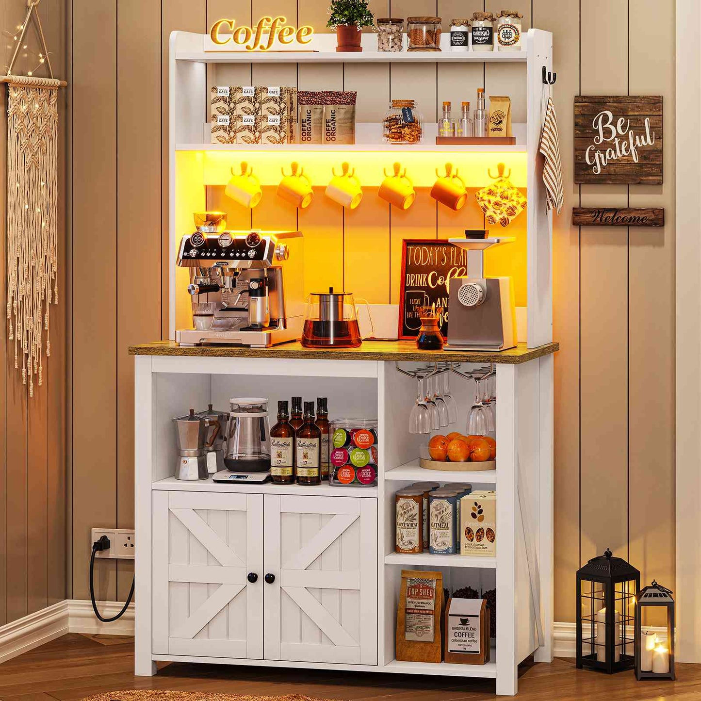 Itaar | 35.4 inch Bakers Rack with Power Outlet and Storage Farmhouse Coffee Bar Cabinet Microwave Stand Kitchen Cabinet with Hutch LED Lights