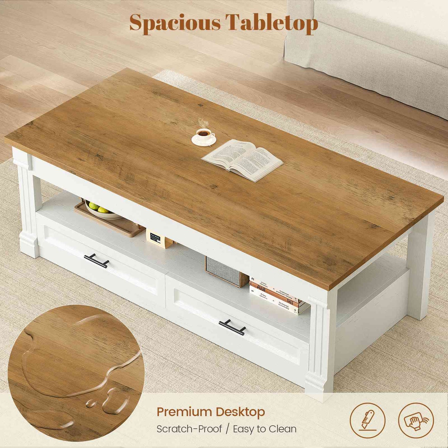 Itaar | Lift Top Coffee Table with Storage 47.2 Inch Farmhouse Coffee Table with 2 Drawers  Hidden Compartment