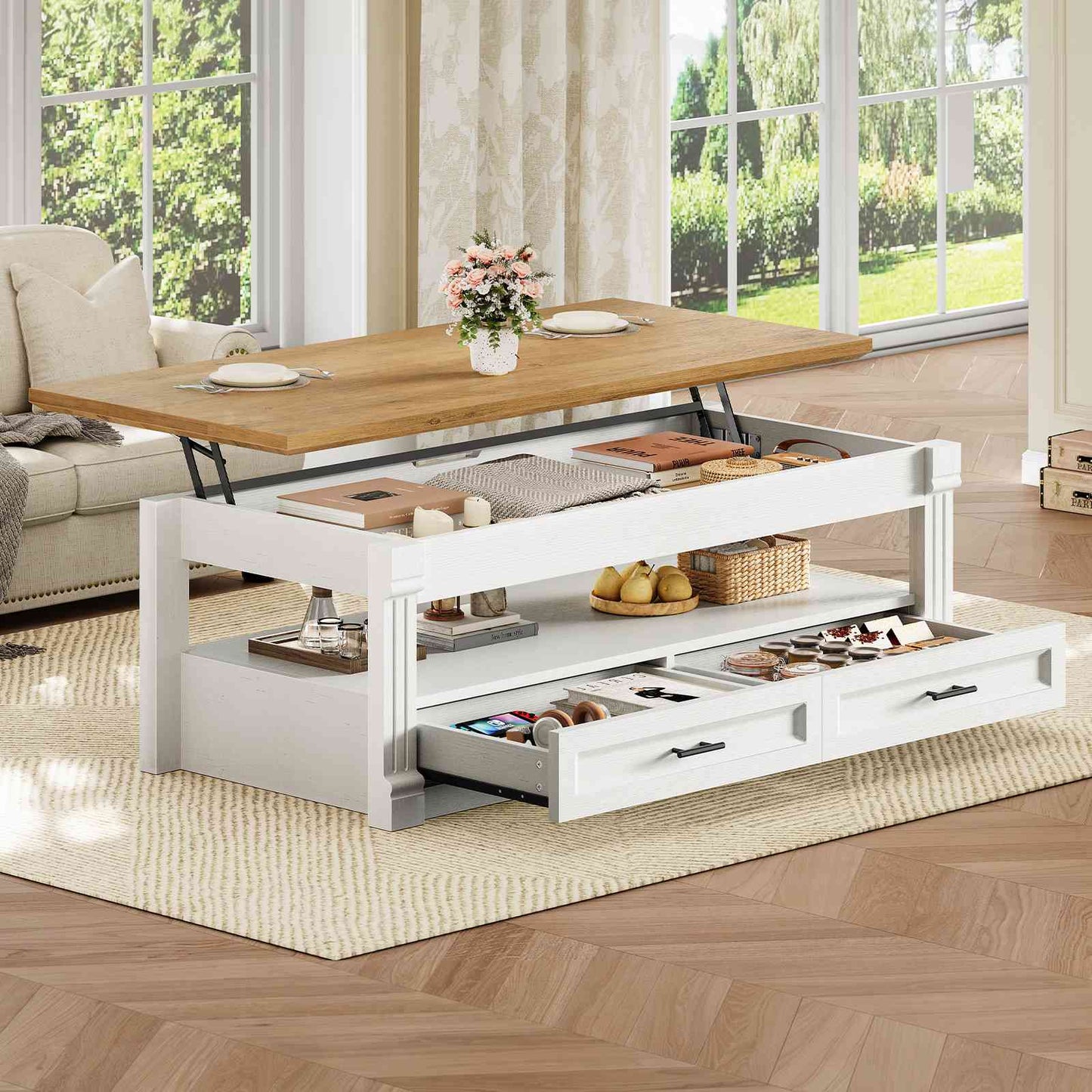 Itaar | Lift Top Coffee Table with Storage 47.2 Inch Farmhouse Coffee Table with 2 Drawers  Hidden Compartment