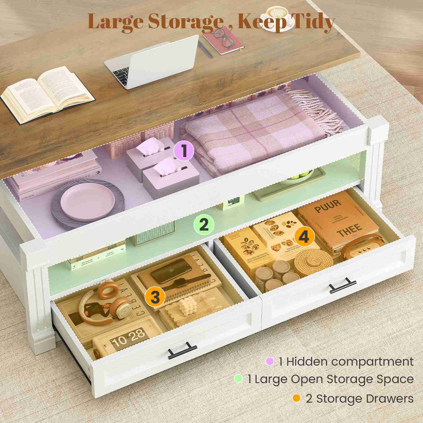 Itaar | Lift Top Coffee Table with Storage 47.2 Inch Farmhouse Coffee Table with 2 Drawers  Hidden Compartment