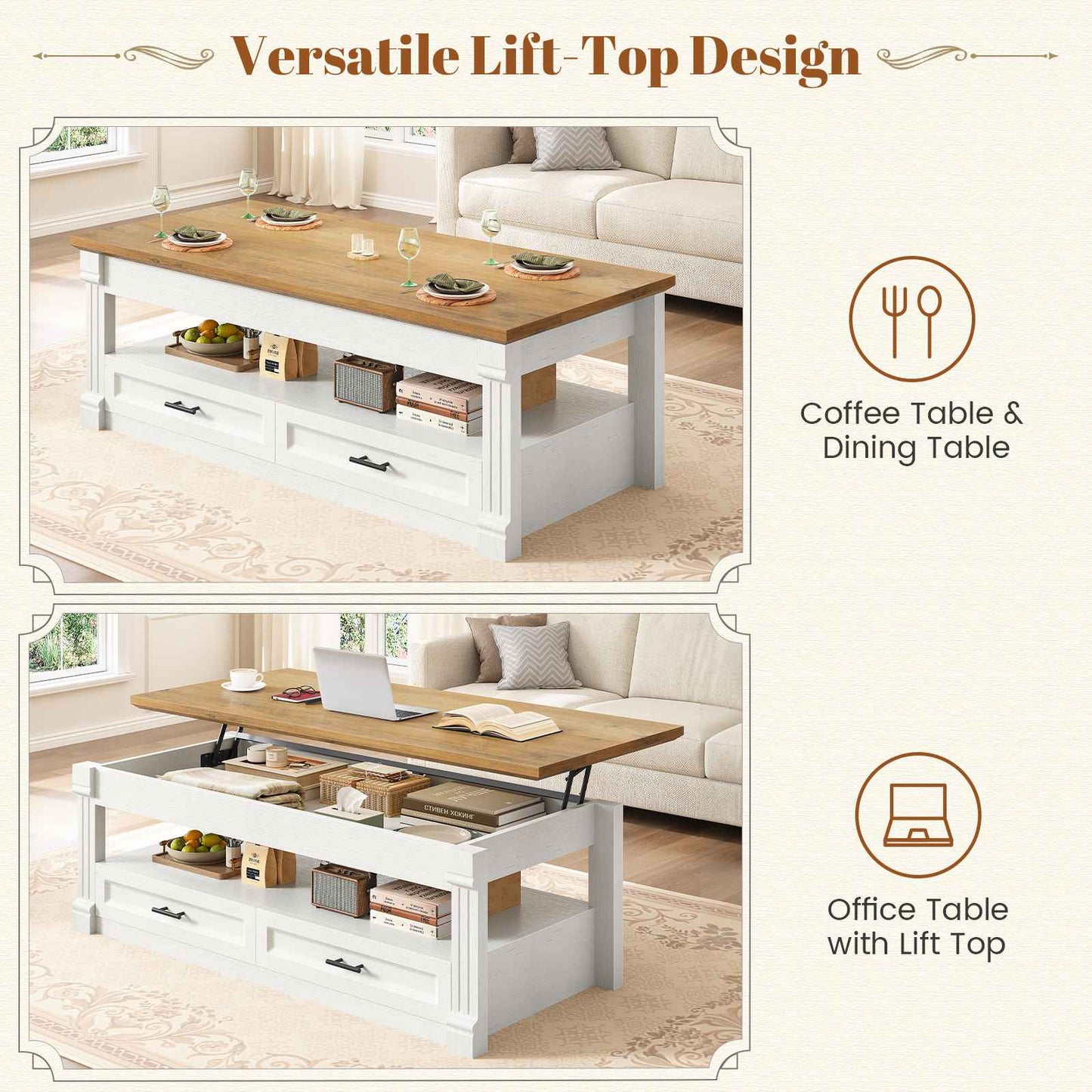 Itaar | Lift Top Coffee Table with Storage 47.2 Inch Farmhouse Coffee Table with 2 Drawers  Hidden Compartment