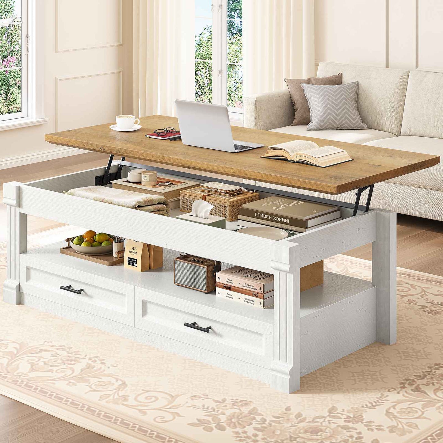Itaar | Lift Top Coffee Table with Storage 47.2 Inch Farmhouse Coffee Table with 2 Drawers  Hidden Compartment