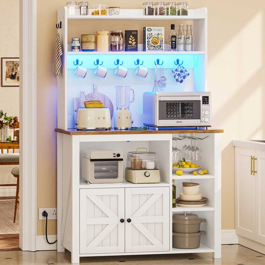 Itaar | 35.4 inch Bakers Rack with Power Outlet and Storage Farmhouse Coffee Bar Cabinet Microwave Stand Kitchen Cabinet with Hutch LED Lights