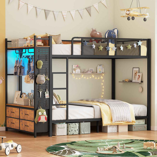 Itaar | Metal Bunk Bed Twin Over Twin with Hall Tree Power Outlet LED Bunk Bed with 4 Storage Drawers Bed with Safety Guardrail Ladders