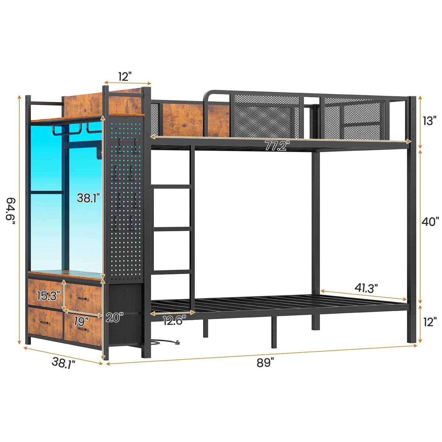 Itaar | Metal Bunk Bed Twin Over Twin with Hall Tree Power Outlet LED Bunk Bed with 4 Storage Drawers Bed with Safety Guardrail Ladders